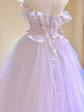 Lilac Strapless A-Line Tulle Beading Birthday Dress Formal Long Prom Gown, HZ0319