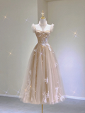 Champagne A-Line Tulle Appliques Birthday Dress Formal Long Prom Gown, HZ0319