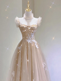 Champagne A-Line Tulle Appliques Birthday Dress Formal Long Prom Gown, HZ0319