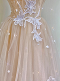 Champagne A-Line Tulle Appliques Birthday Dress Formal Long Prom Gown, HZ0319