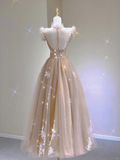 Champagne A-Line Tulle Appliques Birthday Dress Formal Long Prom Gown, HZ0319