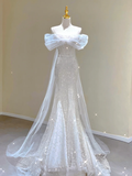Stunning Off Shoulder Tulle Beading Mermaid Wedding Dress Long Prom Dress, HZ0319