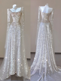Champagne Long Sleeves A-Line Sequins Long Formal Prom Dress Evening Gown, HZ0319