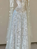Champagne Long Sleeves A-Line Sequins Long Formal Prom Dress Evening Gown, HZ0319