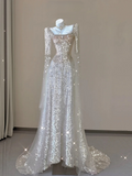 Champagne Long Sleeves A-Line Sequins Long Formal Prom Dress Evening Gown, HZ0319