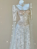 Champagne Long Sleeves A-Line Sequins Long Formal Prom Dress Evening Gown, HZ0319