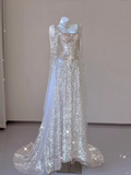 Champagne Long Sleeves A-Line Sequins Long Formal Prom Dress Evening Gown, HZ0319