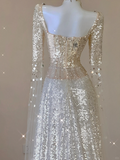 Champagne Long Sleeves A-Line Sequins Long Formal Prom Dress Evening Gown, HZ0319