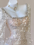 Champagne Long Sleeves A-Line Sequins Long Formal Prom Dress Evening Gown, HZ0319