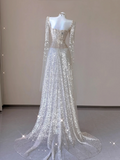 Champagne Long Sleeves A-Line Sequins Long Formal Prom Dress Evening Gown, HZ0319