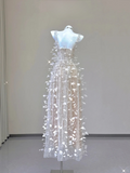 Champagne Straps Beading A-Line Feathers Long Prom Dress Evening Gown, HZ0319