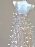 Champagne Straps Beading A-Line Feathers Long Prom Dress Evening Gown, HZ0319