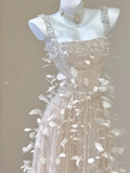 Champagne Straps Beading A-Line Feathers Long Prom Dress Evening Gown, HZ0319