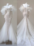 Stunning Off Shoulder Long Sleeves Beading Mermaid Wedding Dress Evening Gown, HZ0319