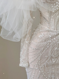 Stunning Off Shoulder Long Sleeves Beading Mermaid Wedding Dress Evening Gown, HZ0319