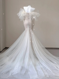 Stunning Off Shoulder Long Sleeves Beading Mermaid Wedding Dress Evening Gown, HZ0319