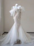 Stunning Off Shoulder Long Sleeves Beading Mermaid Wedding Dress Evening Gown, HZ0319