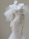 Stunning Off Shoulder Long Sleeves Beading Mermaid Wedding Dress Evening Gown, HZ0319