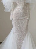 Stunning Off Shoulder Long Sleeves Beading Mermaid Wedding Dress Evening Gown, HZ0319