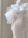 Stunning Off Shoulder Long Sleeves Beading Mermaid Wedding Dress Evening Gown, HZ0319