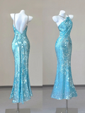 Blue Spaghetti Straps Mermaid Sequins Long Party Dress Evening Gown, HZ0319