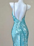 Blue Spaghetti Straps Mermaid Sequins Long Party Dress Evening Gown, HZ0319
