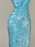 Blue Spaghetti Straps Mermaid Sequins Long Party Dress Evening Gown, HZ0319
