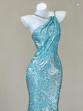 Blue Spaghetti Straps Mermaid Sequins Long Party Dress Evening Gown, HZ0319