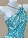 Blue Spaghetti Straps Mermaid Sequins Long Party Dress Evening Gown, HZ0319