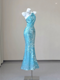 Blue Spaghetti Straps Mermaid Sequins Long Party Dress Evening Gown, HZ0319