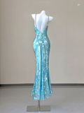 Blue Spaghetti Straps Mermaid Sequins Long Party Dress Evening Gown, HZ0319