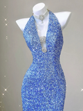 Blue Halter Sequins Mermaid Shiny Long Party Dress Evening Gown Birthday Dress, HZ0319