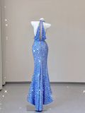 Blue Halter Sequins Mermaid Shiny Long Party Dress Evening Gown Birthday Dress, HZ0319