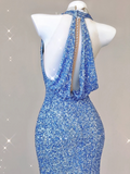 Blue Halter Sequins Mermaid Shiny Long Party Dress Evening Gown Birthday Dress, HZ0319