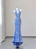Blue Halter Sequins Mermaid Shiny Long Party Dress Evening Gown Birthday Dress, HZ0319