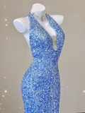 Blue Halter Sequins Mermaid Shiny Long Party Dress Evening Gown Birthday Dress, HZ0319