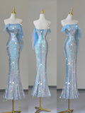 Light Blue Straps Sequins Mermaid Long Party Dress Evening Gown Birthday Dress, HZ0319