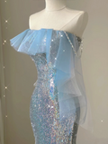 Light Blue Straps Sequins Mermaid Long Party Dress Evening Gown Birthday Dress, HZ0319