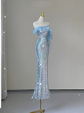 Light Blue Straps Sequins Mermaid Long Party Dress Evening Gown Birthday Dress, HZ0319