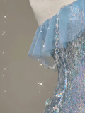 Light Blue Straps Sequins Mermaid Long Party Dress Evening Gown Birthday Dress, HZ0319