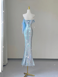 Light Blue Straps Sequins Mermaid Long Party Dress Evening Gown Birthday Dress, HZ0319