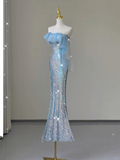 Light Blue Straps Sequins Mermaid Long Party Dress Evening Gown Birthday Dress, HZ0319