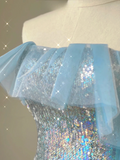 Light Blue Straps Sequins Mermaid Long Party Dress Evening Gown Birthday Dress, HZ0319