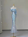 Light Blue Straps Sequins Mermaid Long Party Dress Evening Gown Birthday Dress, HZ0319