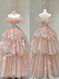 Pink Off Shoulder A-Line Tulle Tiered Long Prom Dress Evening Gown, HZ0319