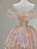 Pink Off Shoulder A-Line Tulle Tiered Long Prom Dress Evening Gown, HZ0319