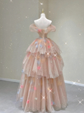 Pink Off Shoulder A-Line Tulle Tiered Long Prom Dress Evening Gown, HZ0319