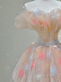 Pink Off Shoulder A-Line Tulle Tiered Long Prom Dress Evening Gown, HZ0319