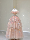Pink Off Shoulder A-Line Tulle Tiered Long Prom Dress Evening Gown, HZ0319