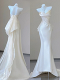 Elegant White Strapless Mermaid Satin Long Party Dress Light Wedding Dress, HZ0319